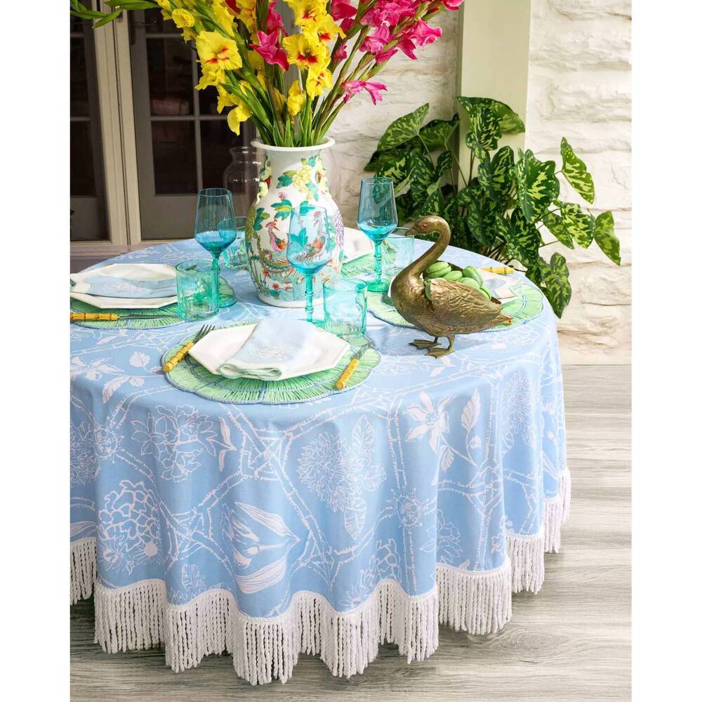 NEW LILLY PULITZER round fringe tablecloth in hydrangea blue lilly garden botani